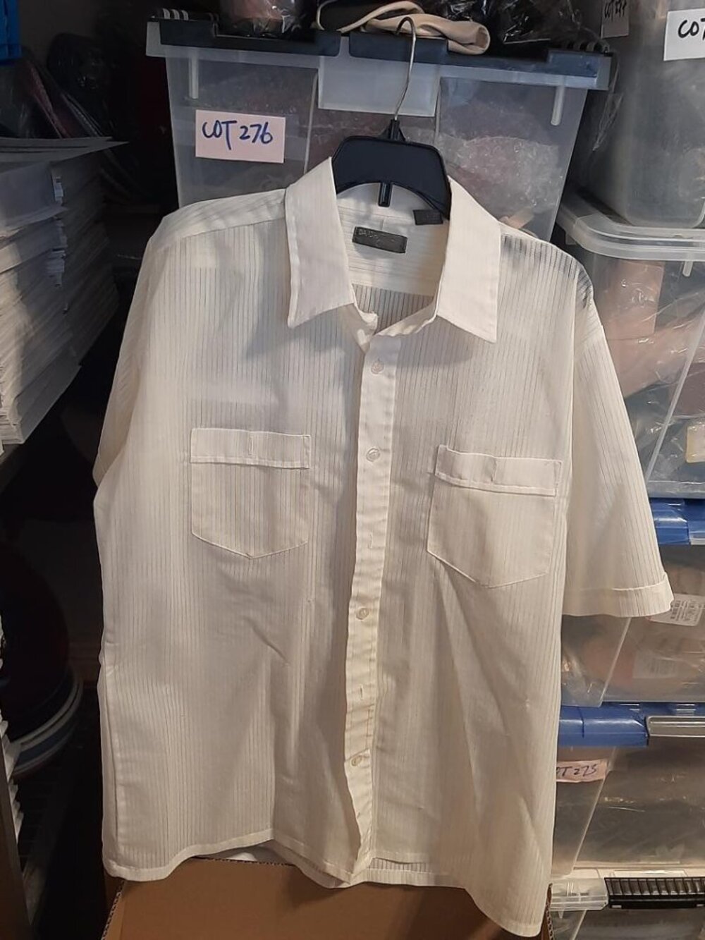 Vintage Dand Men Dress Short Sleeve Shirt Button Down Stripes Ivory Size M